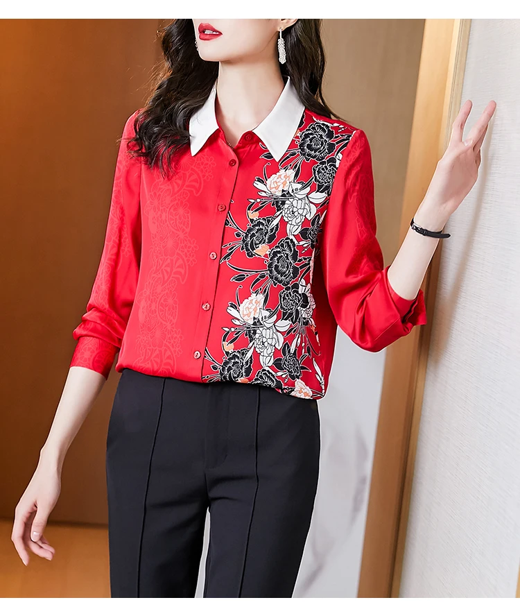 

2021 new red heavy spinning silk shirt women fashion western style simple long-sleeved shirt