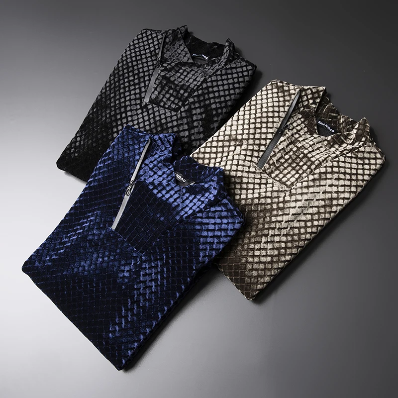 

Top Quality Men's T Shirts Half Turtleneck Zipper Collar Designer Golden Velvet Thicken Full Sleeve Male Autumn Clothing#C30
