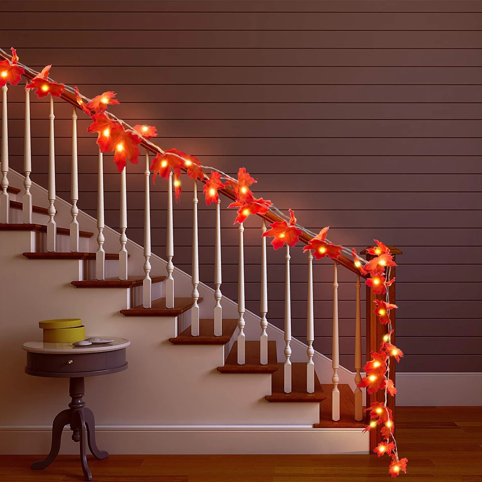 

Maple Leaves LED String 1.5M 2M 3M Autumn Stair Railing Decoration Plants Fence Party Holiday Lights AA Battery Operated