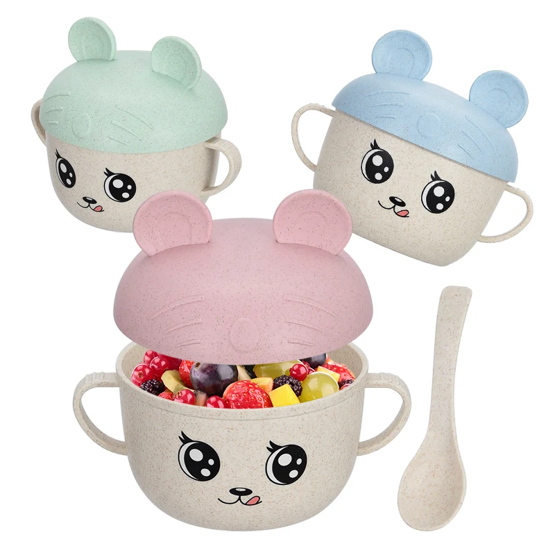 

2Pcs/Set Baby Feeding Food Tableware Wheat Cartoon Kids Dishes Children Eating Dinnerware Set Anti-hot Plate Training