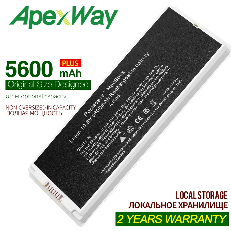 

Apexway 5600mAh 10.8V White New Laptop Battery for Macbook 13" MAC A1185 A1181 MA566FE/A MB881LL/A MA254 MA255 MA699 MA700 MA561