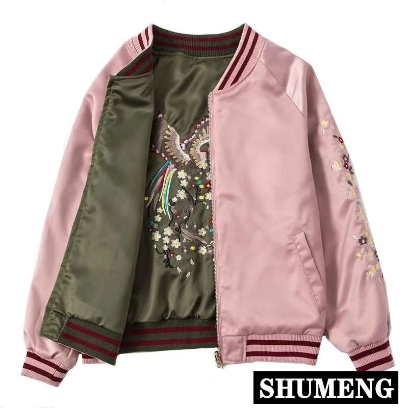 

Phoenix Embroidery Both Sides Fit Baseball Jacket Student Girls Spring and Autumn Short Satin Zip Jacket BF Loose Bomber Coat