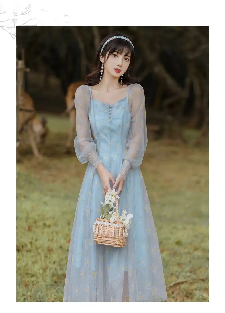 

French Style Puff Sleeve Dress Girls 2021 Summer Fresh Mesh Long Sleeve Floral Dress Temperament Fairy Mori Style Elegant Dress