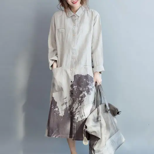 Женские длинные рубашки свободные хлопковые льняные повседневные блузки осень