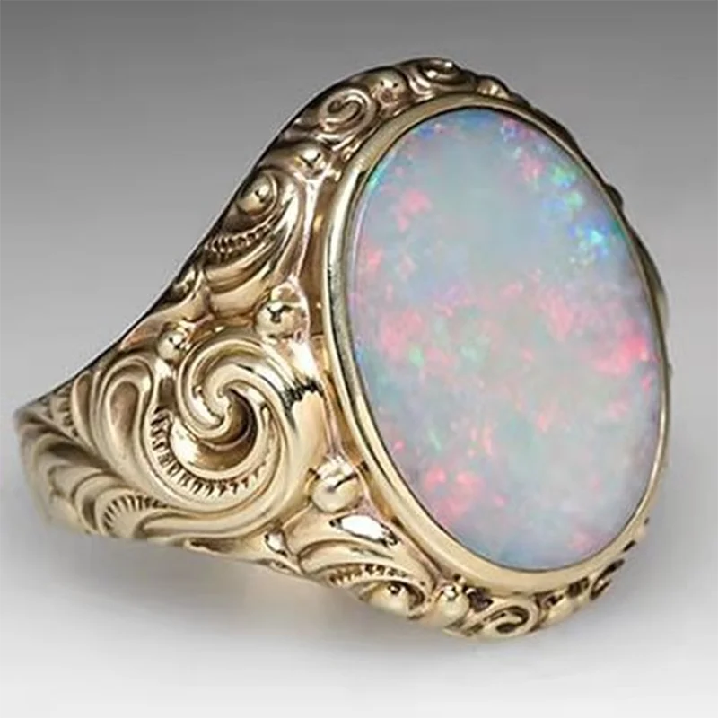 

Elegant Palace Style Engraving Geometric Irregular Pattern Inlaid Oval Opal Ring for Women Female Party Wedding Jewelry