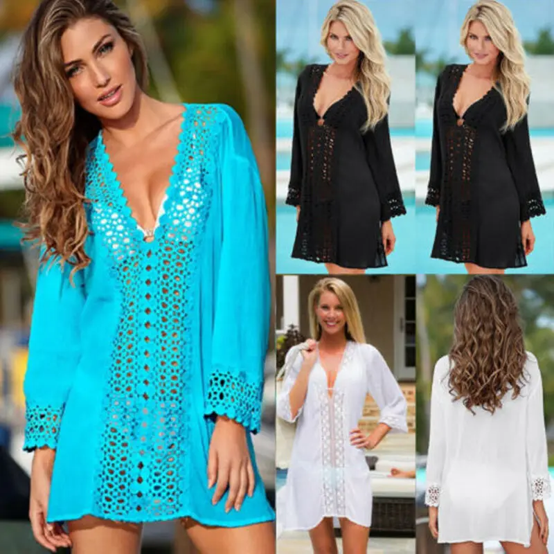 Women Sexy Lace Crochet Bikini Cover Up Beachwear Summer Deep V Neck Beach Dress Bathing Suit | Женская одежда