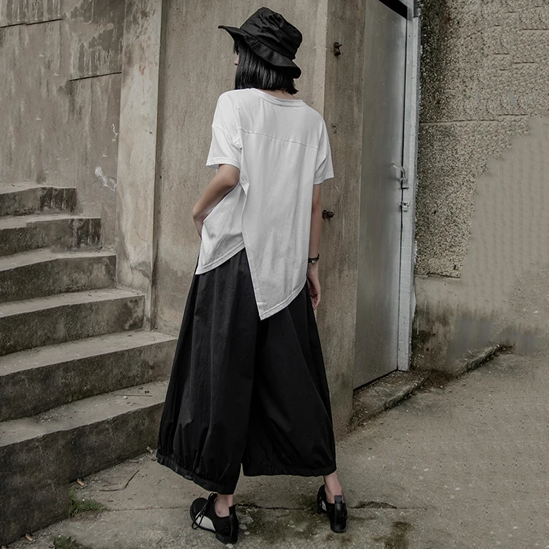 [EAM] Новинка 2021 года Сезон весна-осень Черные плиссированные свободные брюки с