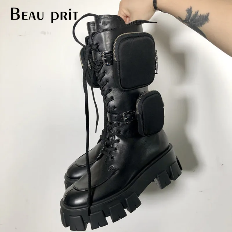 Женские ботинки из натуральной кожи с карманами обувь на платформе и низком