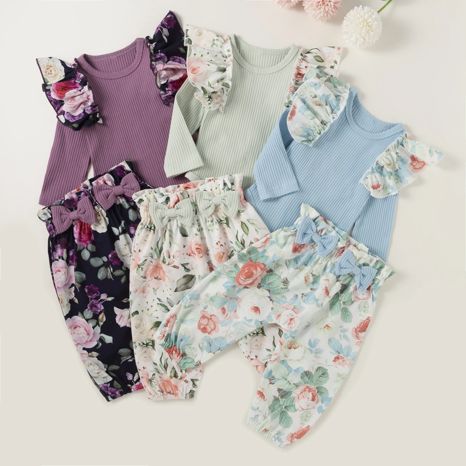 

Детский комбинезон с длинным рукавом и брюки, весенняя одежда с бантом и оборками и цветочным узором