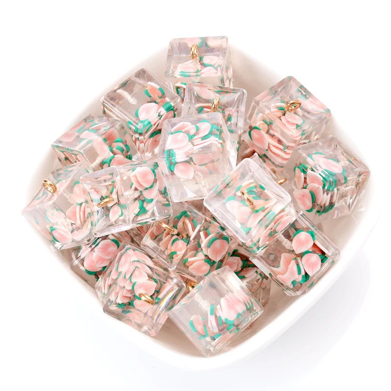 

6Pcs/Pack 16mm Acrylic Pendants Transparent Cube Shape Polymer Clay Fruit Pendants For Jewelry Making DIY Handmade Accessories
