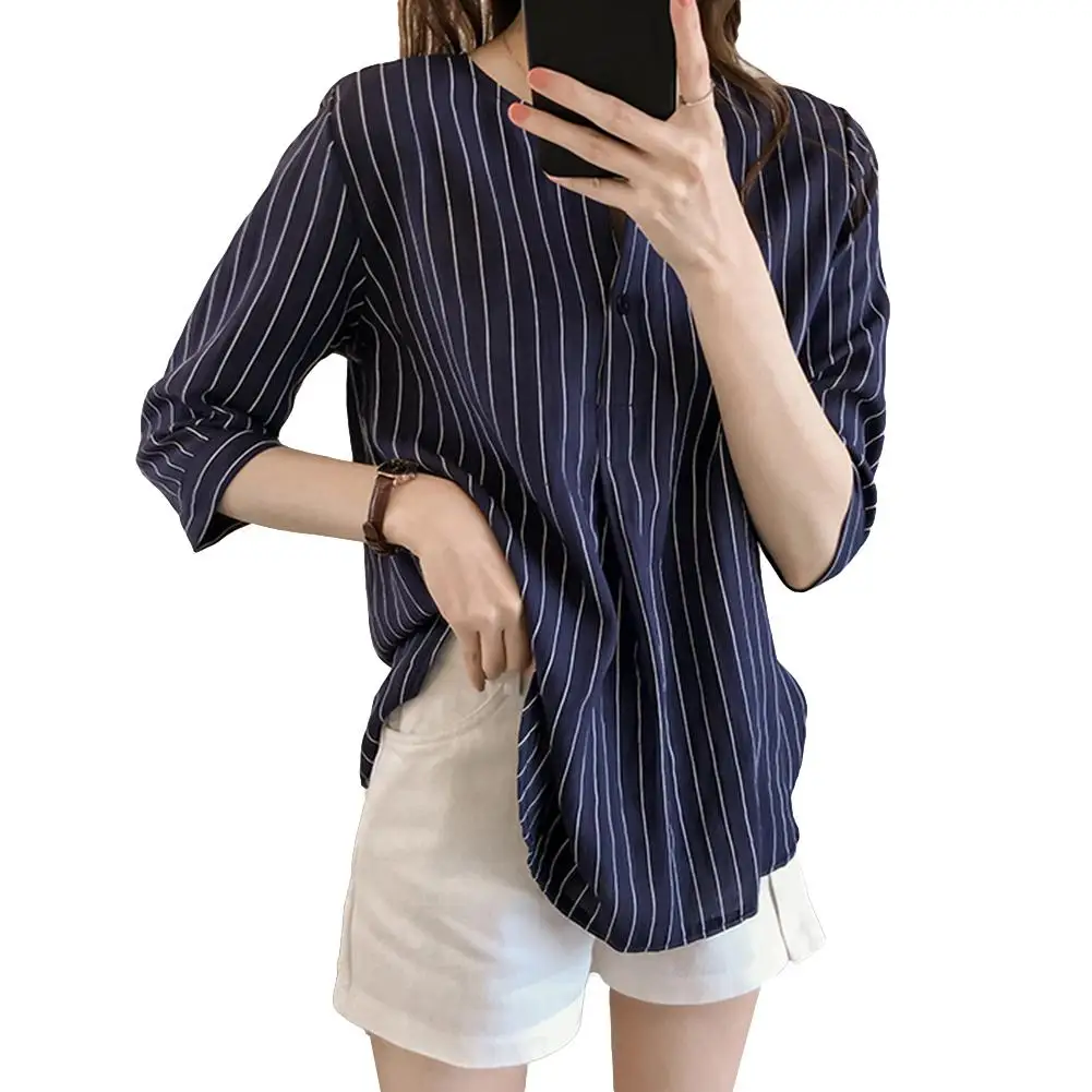 Модная женская Свободная блузка на пуговицах с v образным вырезом и рукавом 3/4