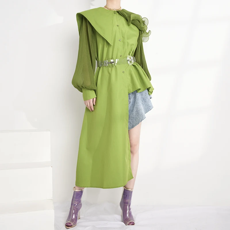 [EAM] женская зеленая плиссированная Асимметричная Длинная блузка новая свободная