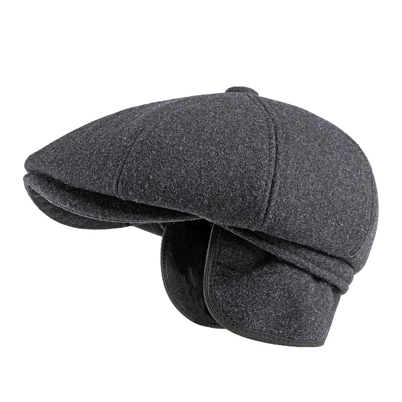 

Autumn Winter Newsboy Cap With Earflap Berets Hat For Men Wool Felt Elderly Middle-aged Octagonal Hat Solid Flat Herringbone Cap