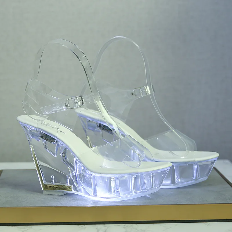 

trendy slope heel 10cm night club high heeled shoes luminous sandals women's shoes show steel pipe dance shoes crystal