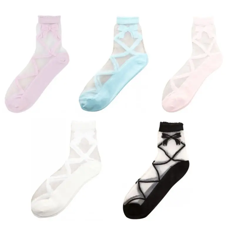 Women's Japanese Bow Large Mesh Crystal Glass Socks | Женская одежда