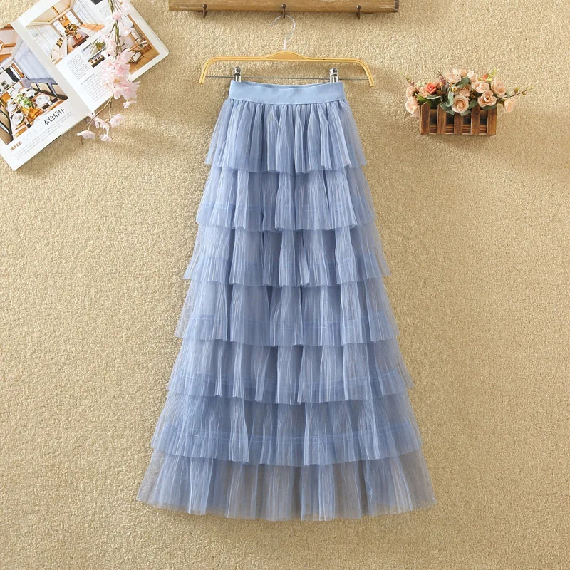 winter new high waist A-line pleated cake skirt yarn all kinds of mesh medium length long woman | Женская одежда