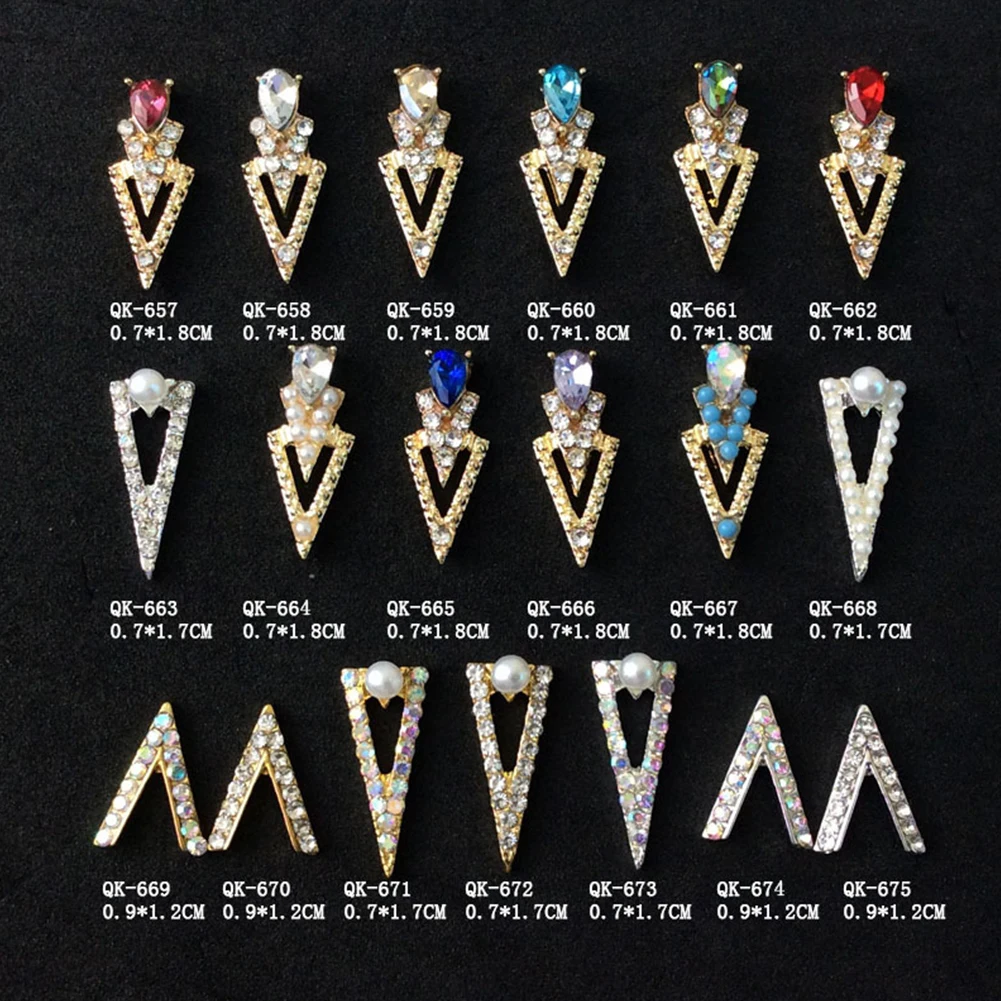 

10pcs/Set Rhinestones Charm Nail Tips DIY Manicure Decorations 7*18mm 3D V Shape Jewley With Zircon Nail Art Ancient Metal Alloy