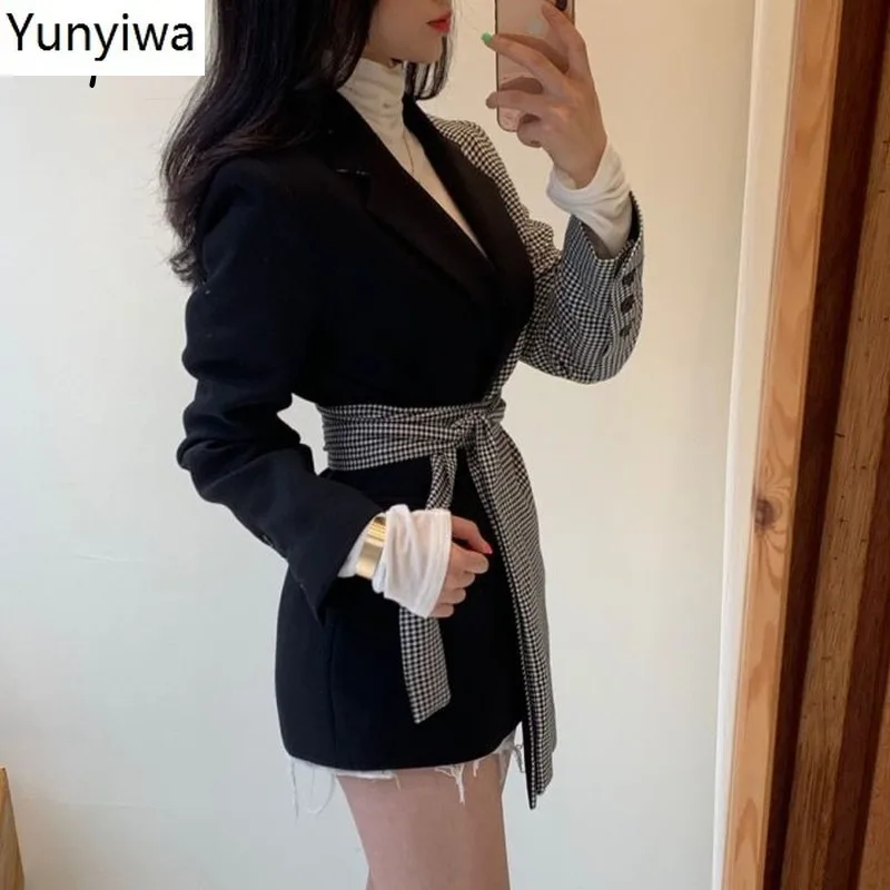 

Chic Retro Turn-Down Collar Plaid Stitching Femme Blazer Irregular Drawstring Slim Fit Jacket Fashion Casual Coat Women