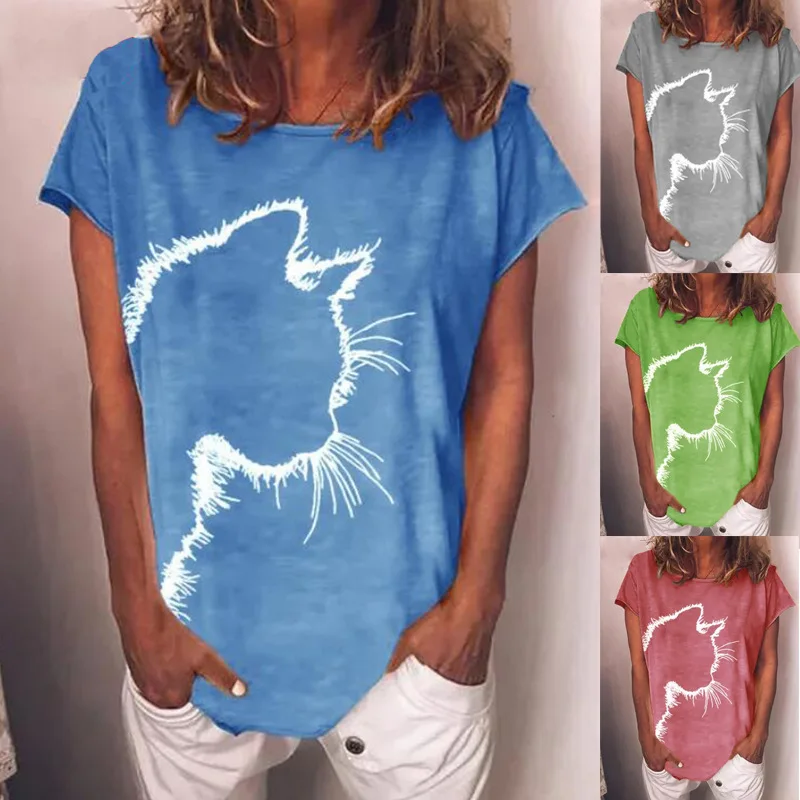 Женская летняя хлопковая футболка с короткими рукавами принтом круглым вырезом