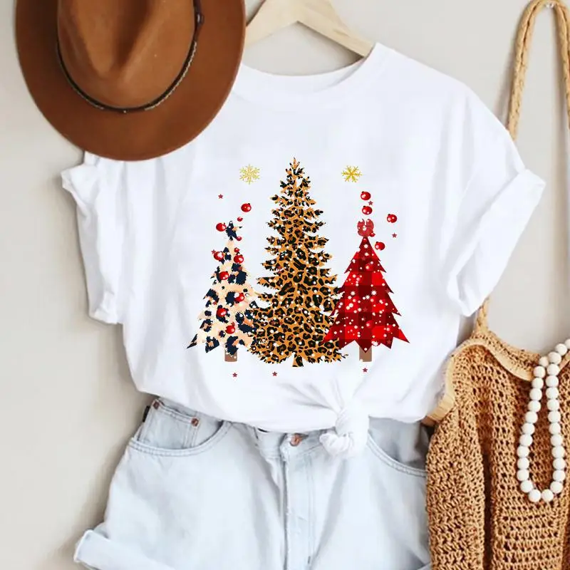 

Футболка женская оверсайз с леопардовым принтом, милый Повседневный мультяшный праздничный Топ в стиле Харадзюку, модная одежда на новый год