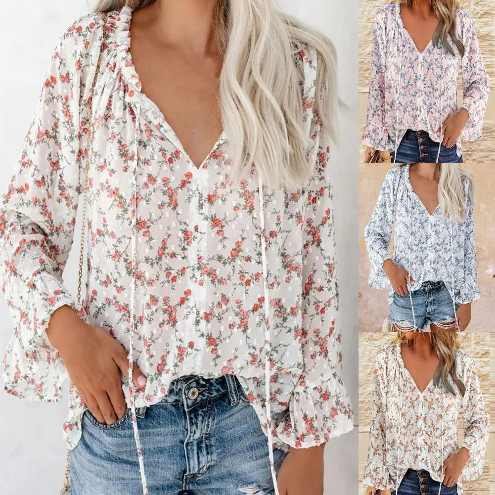 

Spring/Autumn Blouse Floral Print Flare Long Sleeve Women Blouse Quick Drying V Neck Lace Up Pullover Top Streetwear Daily Wear