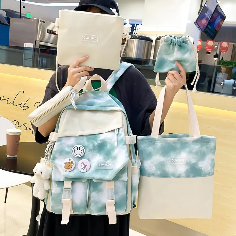 

4 Pcs Set Harajuku Women Laptop Backpack Canvas School Bags For Teenage Girls Kawaii College Student Kids Book Bag Rucksack 50