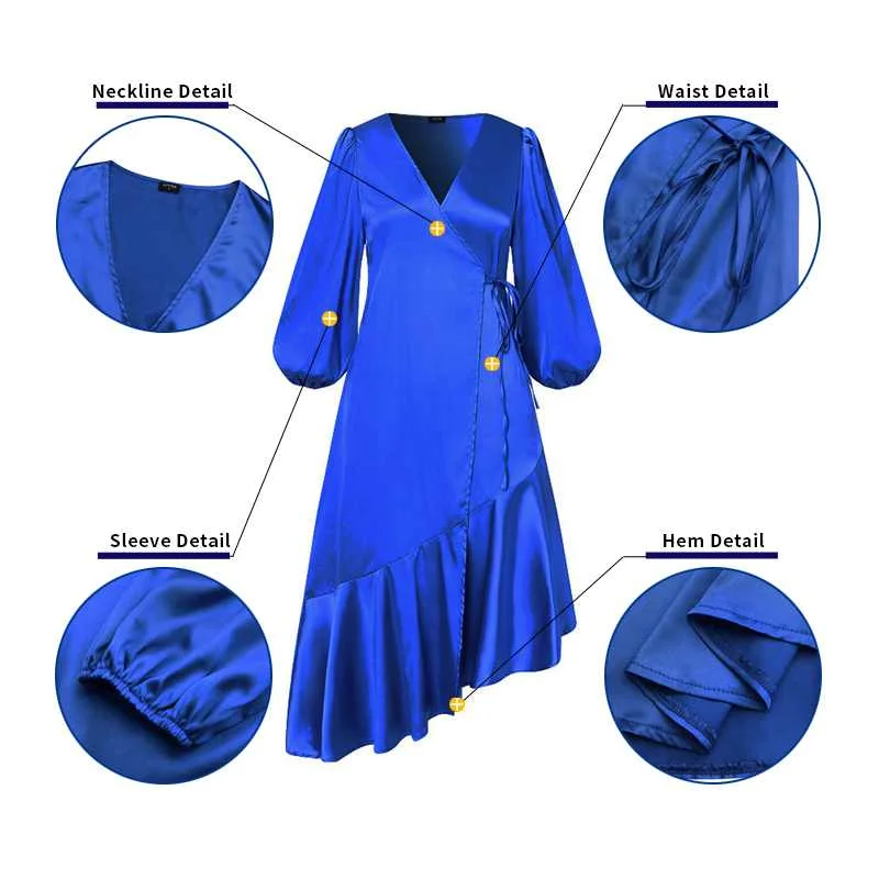 

Women Sexy Party Solid Pleated Dress Summer Ruffled Hem Sexy V Neck Puff Sleeve Dresses VONDA 2021 Spring Asymmetric Hem Vestido