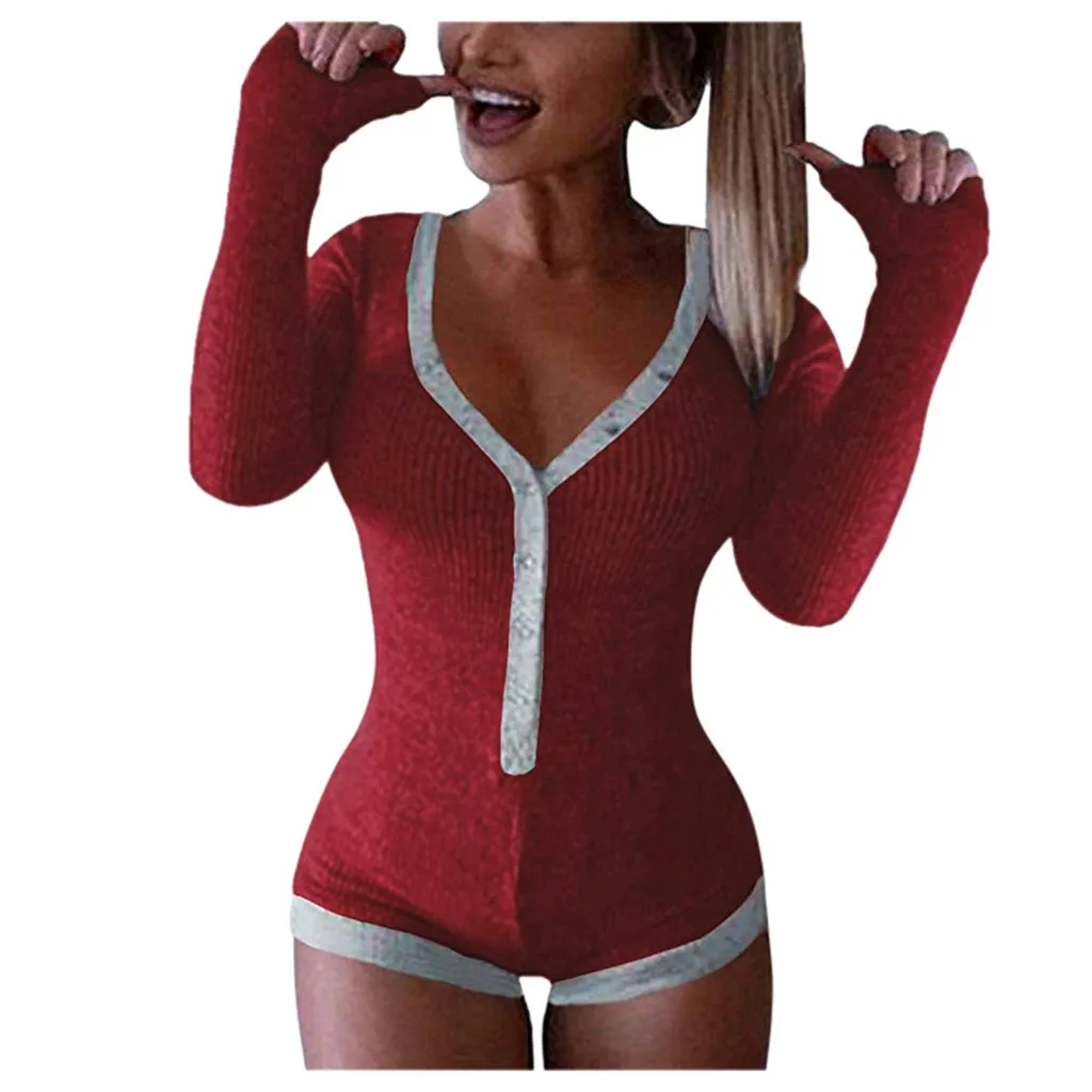 Женские вязаные комбинезоны с длинным рукавом глубоким v-образным вырезом