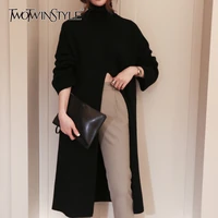 twotwinstyle split black sweater women long sleeve turtleneck knitted pullover tops female clothes korean 2020 winter new