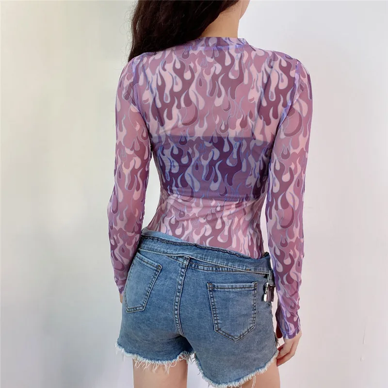 Сексуальная Сетчатая футболка с неоновым огненным принтом женская прозрачная