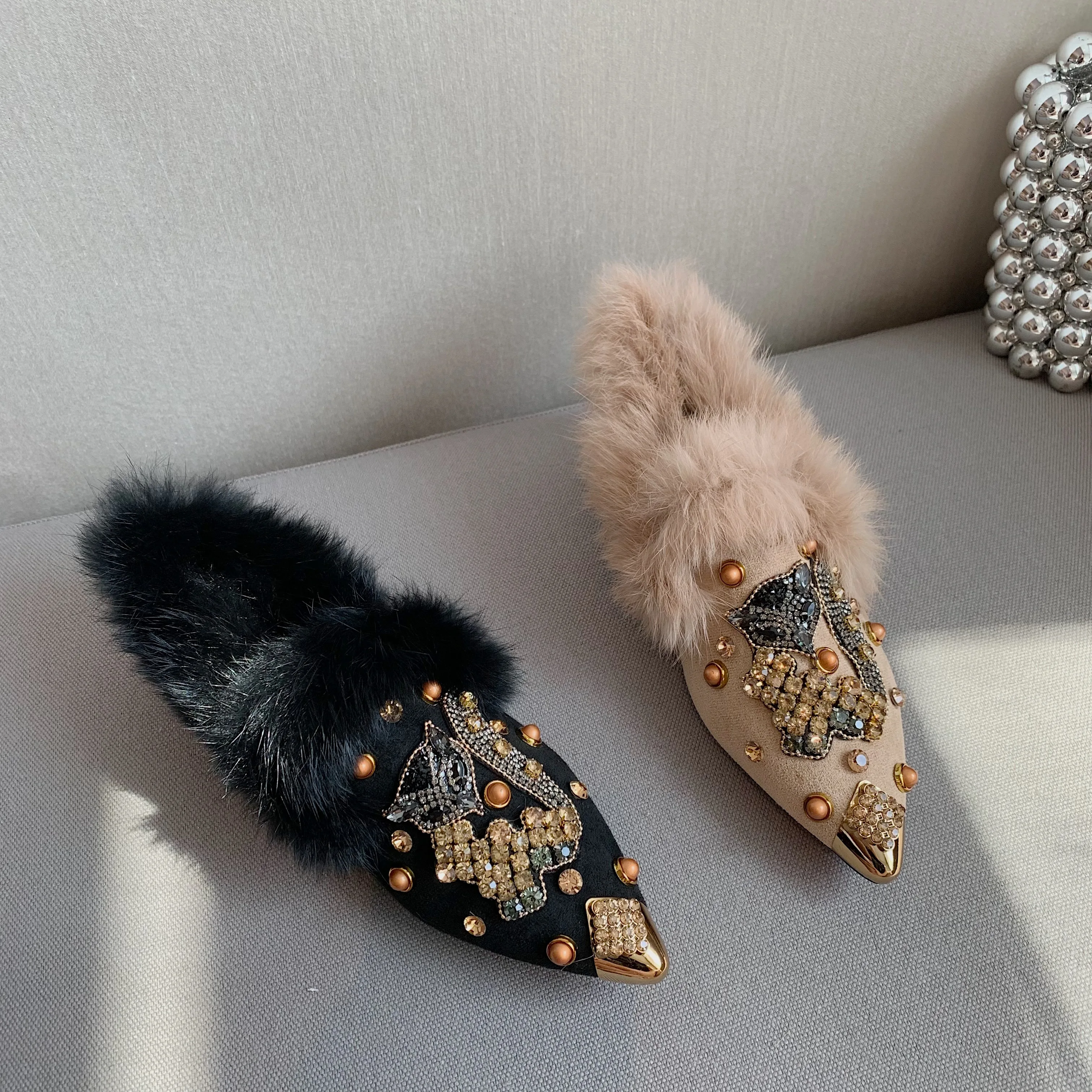 Женские пушистые туфли на плоской подошве зимние теплые роскошные мюли