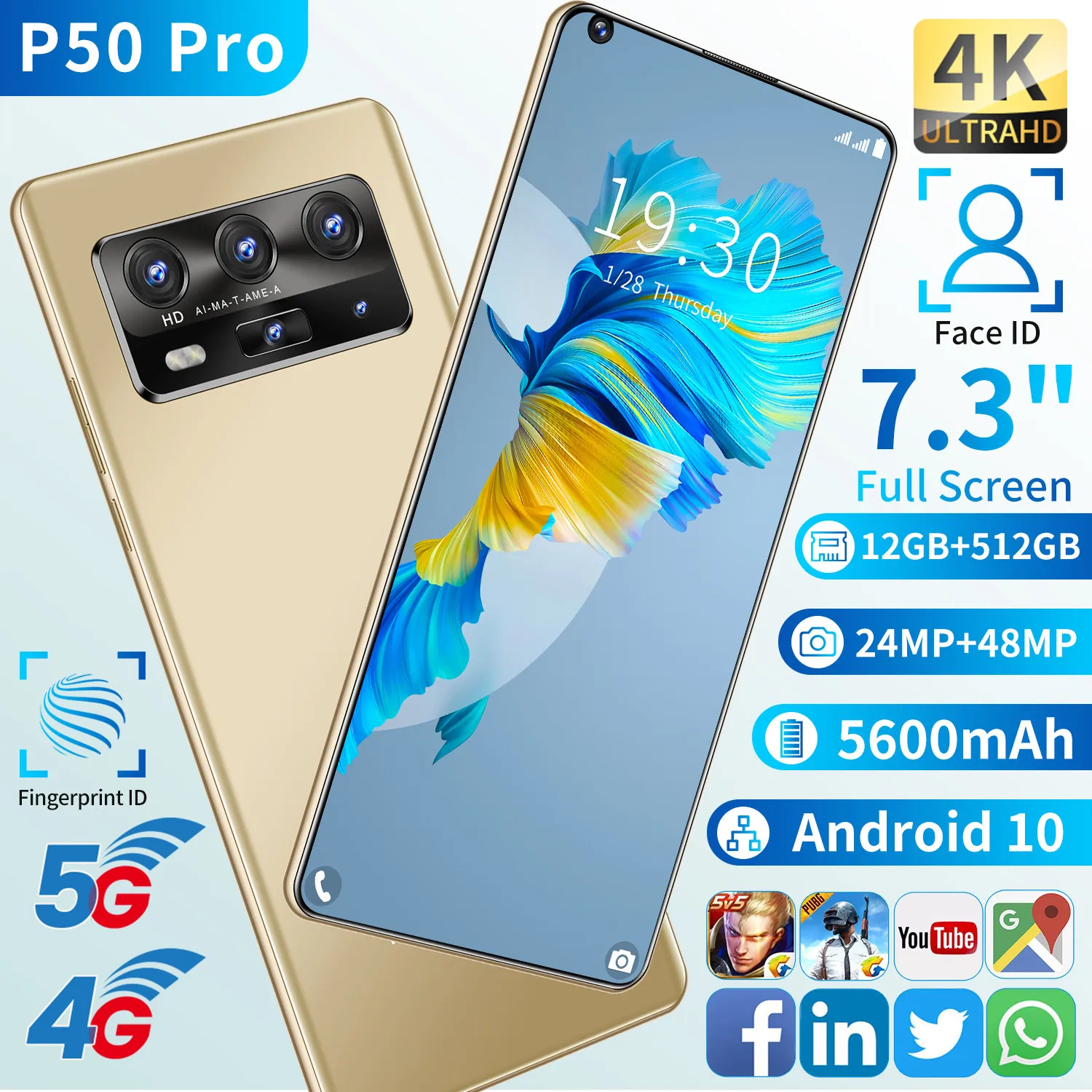 

Global Version Galax P50 Pro 12GB 512GB 7.3 Inch 24MP 48MP Andriod 10 Smartphone Snapdragon 888 Face ID Fingerprint 5G Cellphone