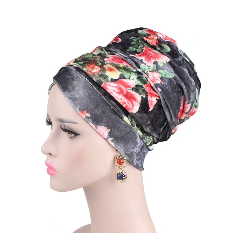 

Velvet Print Hijab Turban Caps For Women Muslim Long-tailed Headscarf Hat Islamic Underscarf Bonnet Ladies African Headwraps