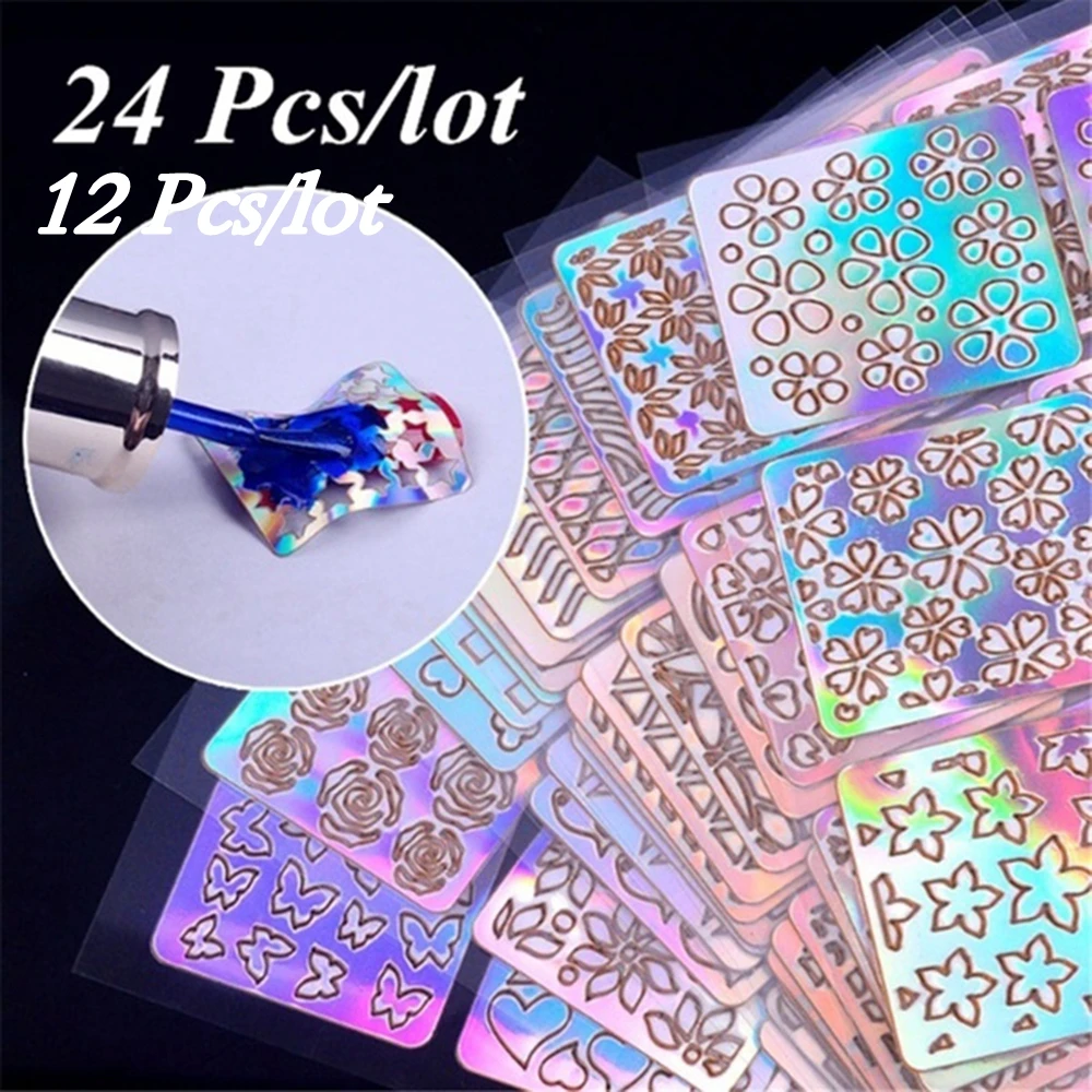 

6/12/24 Sheets/set 3D Hollow Laser Sticker DIY Nail Art Stencil Gel Polish Nail Vinyl Tip Transfer Guide Template Nail Decals