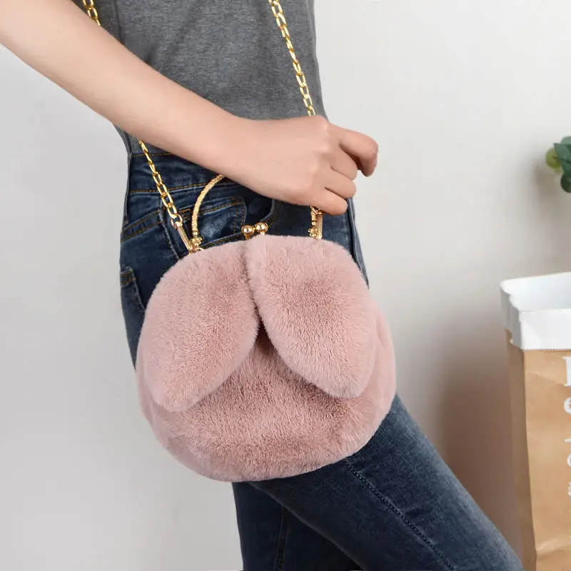 Cute Fashion Imitation Rabbit Plush Bunny Ear Metal Clip Bags Handbags Woman Street Wild Chain Shoulder Messenger | Спорт и