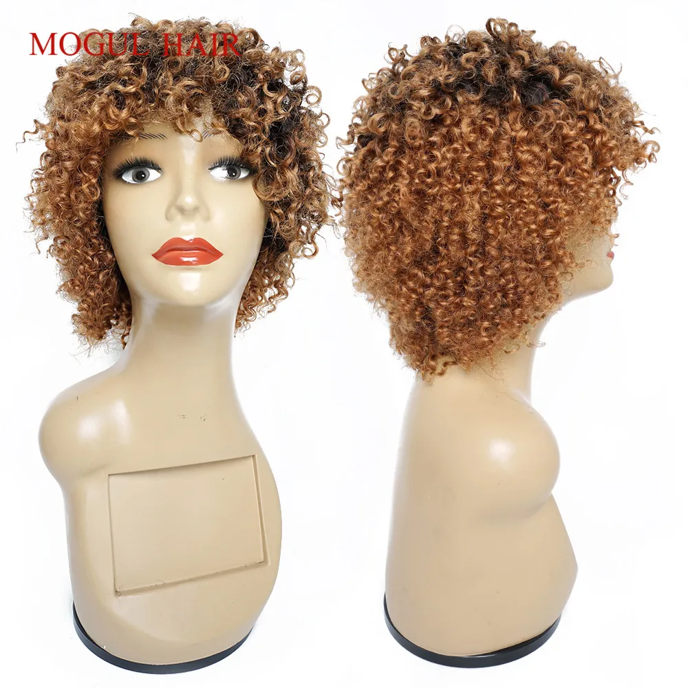 

1B 27 Ombre Honey Blonde Machine Made Wig Kinky Curly Short Remy Human Hair Wig with Bang Black Burgundy Afro Style Easy Wear