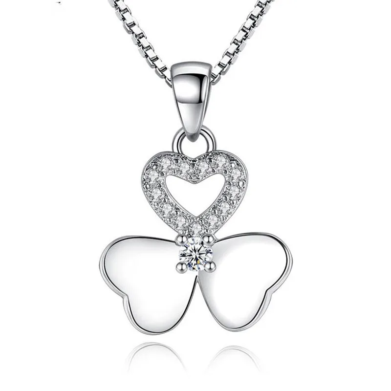 

POPACC 925 Sterling Silver Necklace Zircon Clover Flower Pendant Neckace For Women Gift 45cm Box Chain choker