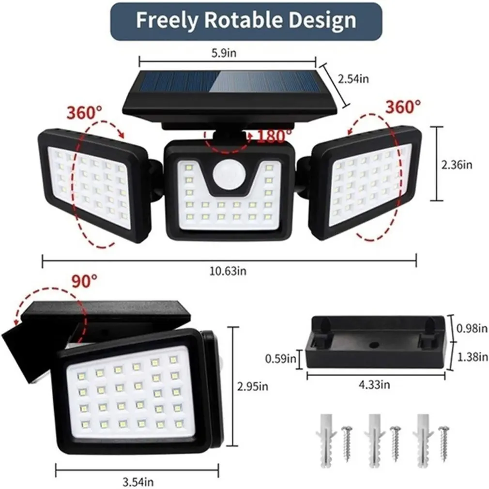 

70LED three-head solar wall light Outdoor Motion Sensor Waterproof Rotatable Yard Garden Garage Patio Porch