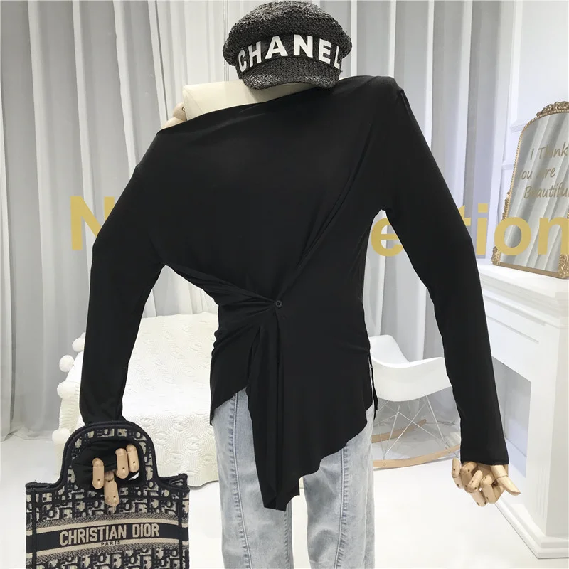 

Solid T-shirt Women's 2020 Autumn New Style Sexy & Club Slash Neck Long Sleeve Shirt Women streetwear fashion