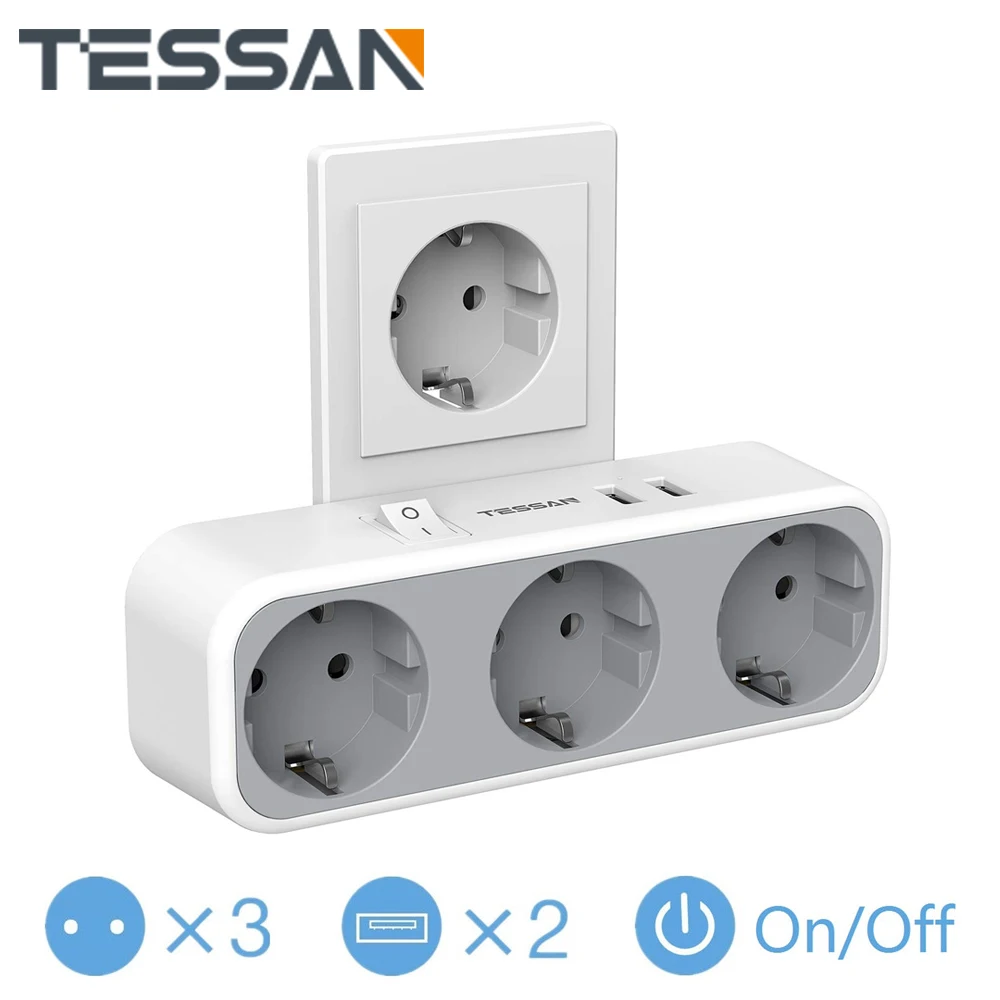

TESSAN Wall Socket Adapter with Switch 3 AC Outlets and 2 USB Ports, EU Multiple Sockets Compatible for Phone/Laptop/Camera