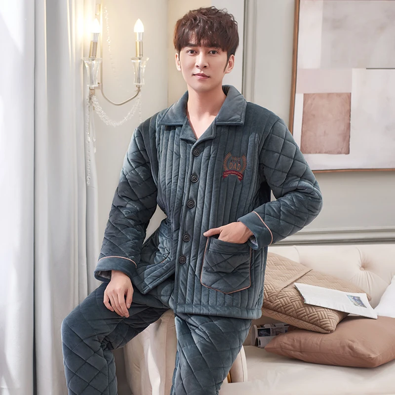 Winter Three Layers Quilted Pajamas Men Long Sleeved Coral Fleece Warm Soft Flannel Pyjamas Mens Lounge Solid Color Pajamas Set