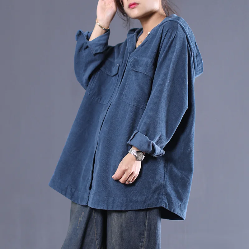 Женская Вельветовая куртка с капюшоном Повседневная Свободная короткая длинным