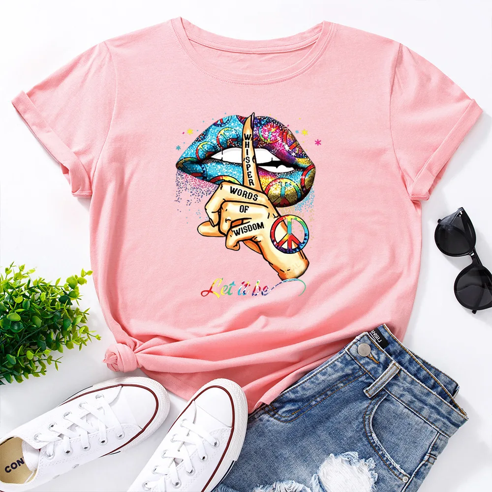 

100% Cotton Womens Short Sleeve T-Shirt Sexy Lips Graphic Tees Oversized Short Sleeve Harajuku Shirts Summer Streetwear