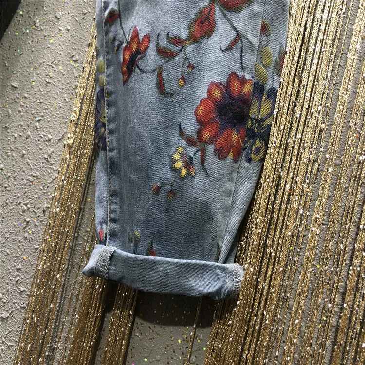 Flower Jeans Woman 2020 Spring New High-Waist Loose Harem Pants Personality Printed Denim Trousers Female Femme | Женская одежда