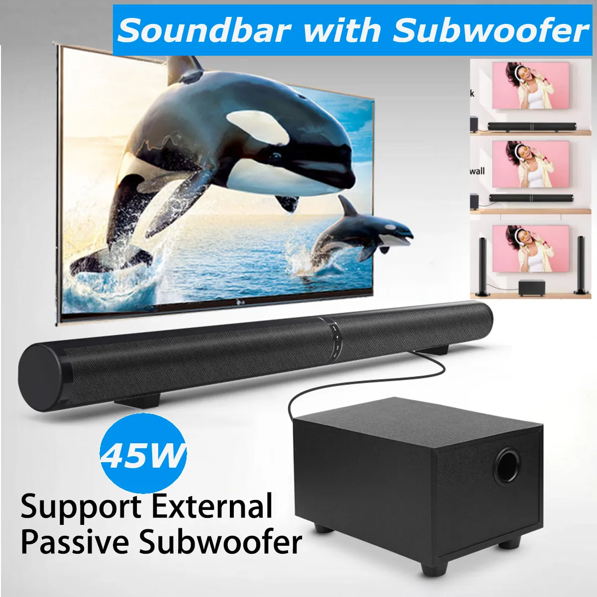

45W 80cm 31.5" Soundbar with Subwoofer HiFi Detachable Wireless bluetooth Speaker 3D Surround Stereo for TV Home Theatre System