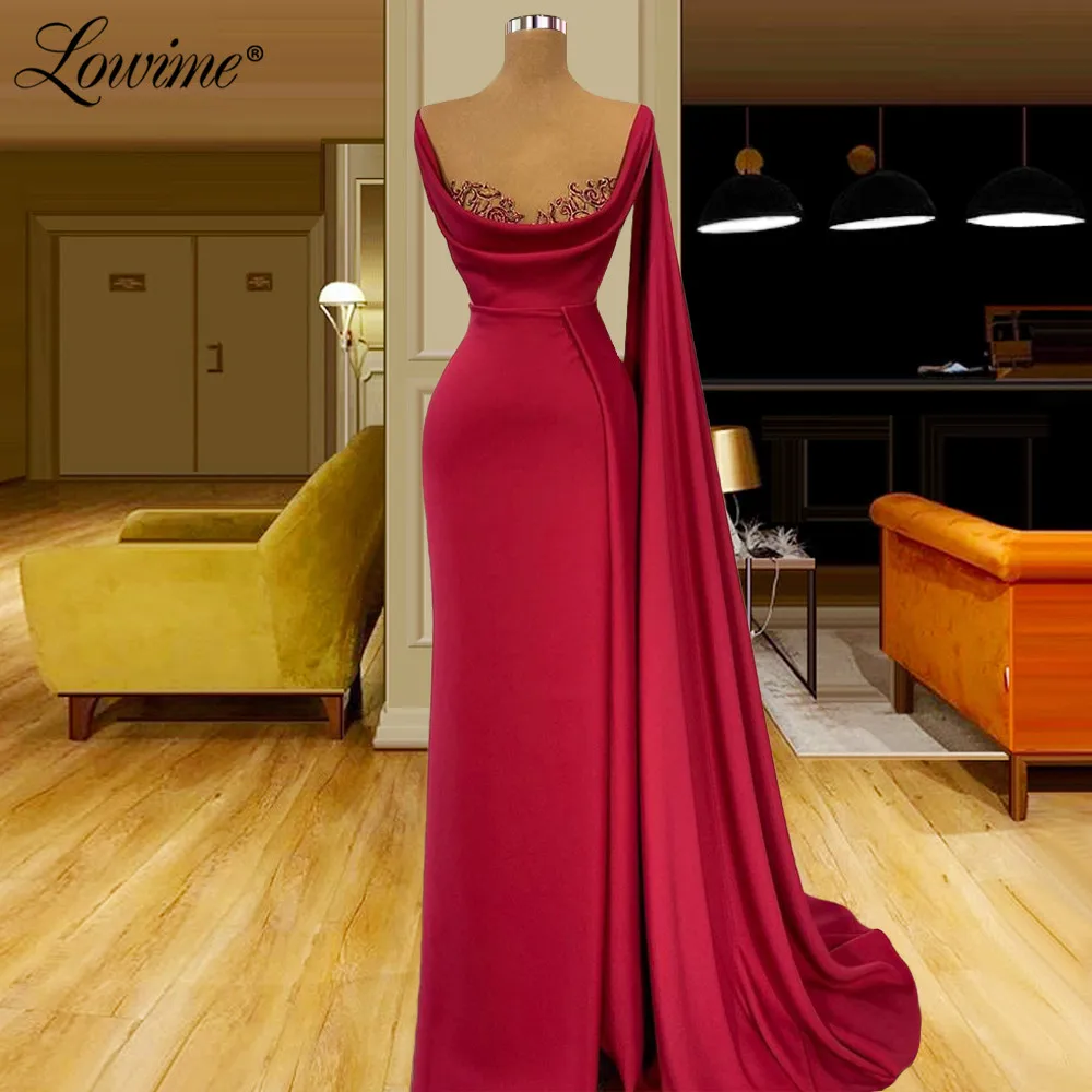

Lowime Simple Formal One Shouder Satin Evening Dress Gowns 2021 Elegant Mermaid Beading For Women Party Wedding Prom Dresses