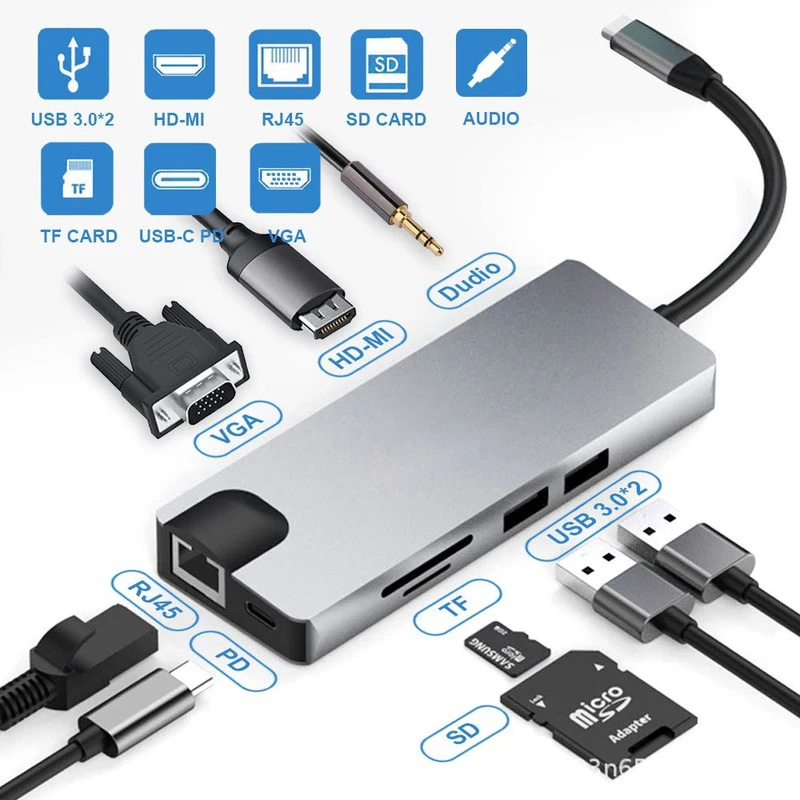 Адаптер VGA с разъемом типа C к HDMI RJ45 Lan Ethernet SD TF Type Hub USB 3 0 5 мм Jack аудио видео