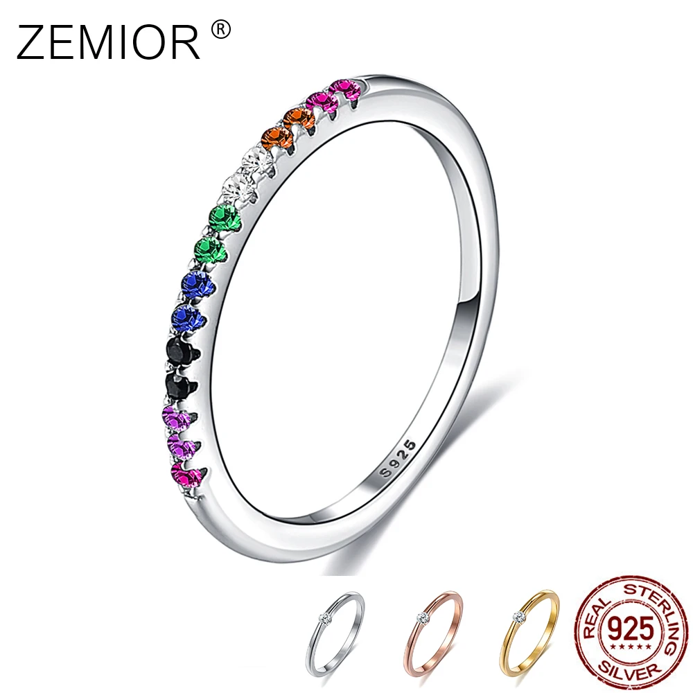 

ZEMIOR Finger Rings For Women Rainbow Color And Simple Series Wedding S925 Sterling Silver Ring Fine Jewelry Gifts For Friends