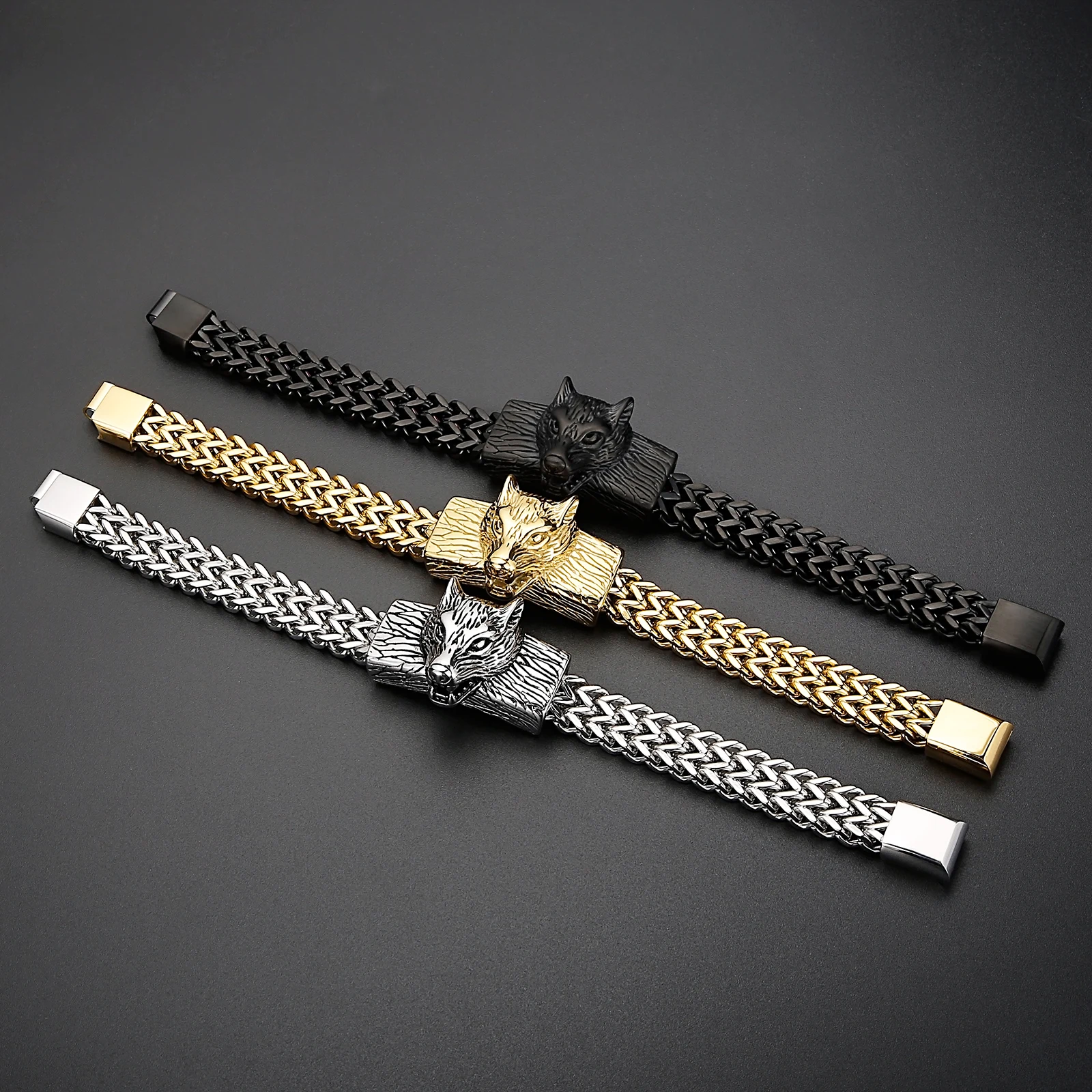 

12mm 3 Colors Rock Viking Wolf Charm Bracelet Men's Stainless Steel Mesh Chain Gold Wolf Punk Bracelets Biker Jewelry