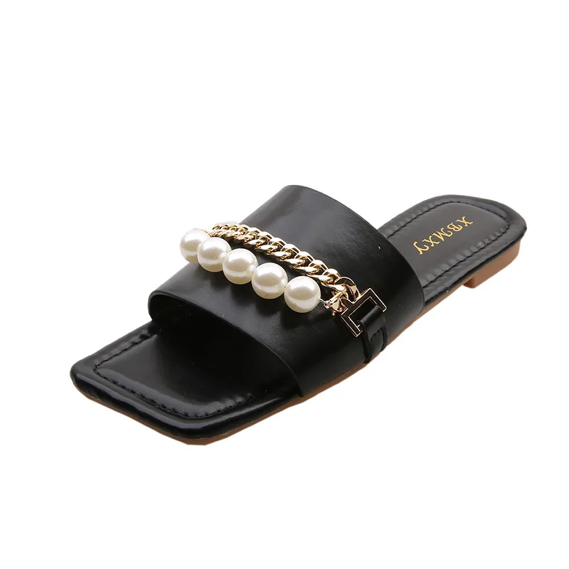 

Flat Shoes Female Woman's Slippers Slides Low Rivet Fashion String Bead Beige Heeled Sandals 2021 Summer Luxury Black PU Basic F
